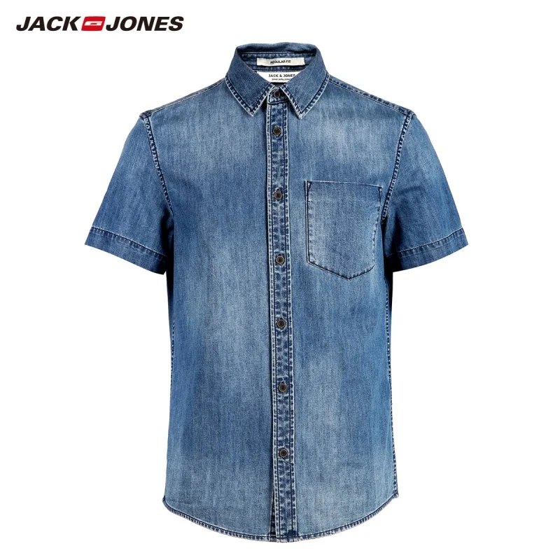 Мужская джинсовая рубашка JackJones приталенная с короткими рукавами в Корейском