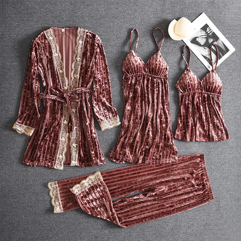 Сексуальная пижама Angel Secret женский новый золотой бархатный костюм из четырех