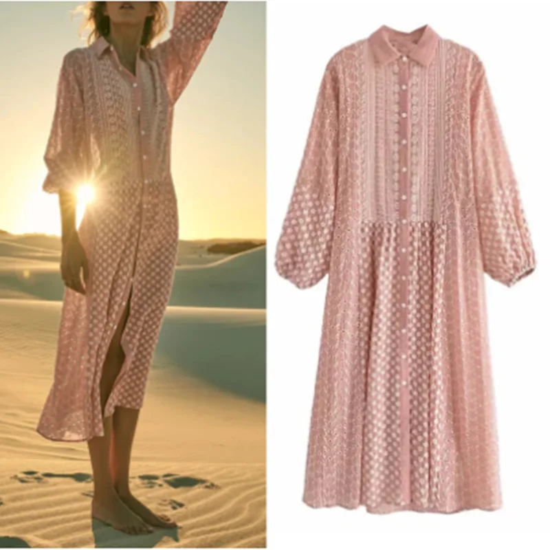 

Za Embroidered Floral Dress Woman 2021 Oversized Vintage Long Puff Sleeve Midi Casual Summer Dresses