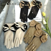 myalice fashion retro bow derong glove women winter warm hand rhinestone decorate split finger gloves luva feminina inverno