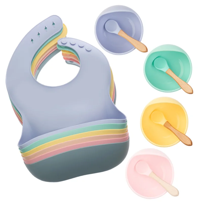

3pcs/ lot Baby Feeding Set Free BPA Edible Silicone Bib Baby Training Bowl Waterproof Cutlery Set Bowl+Spoon+Bib