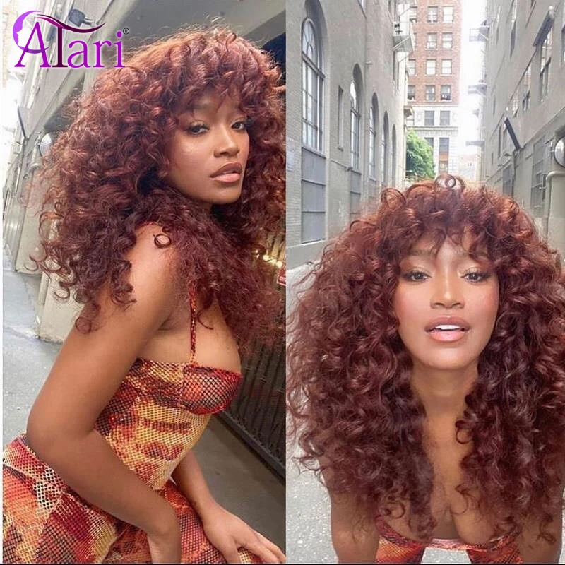 Виги из кудрявых человеческих волос цвета коричневого имбиря с челкой, плотностью 200% и полностью машинным производством "Atari Highlights Brown Jerry Curly Human Hair Wigs with Bang 200 Density Ginger Full Machine Made Peruvian on."