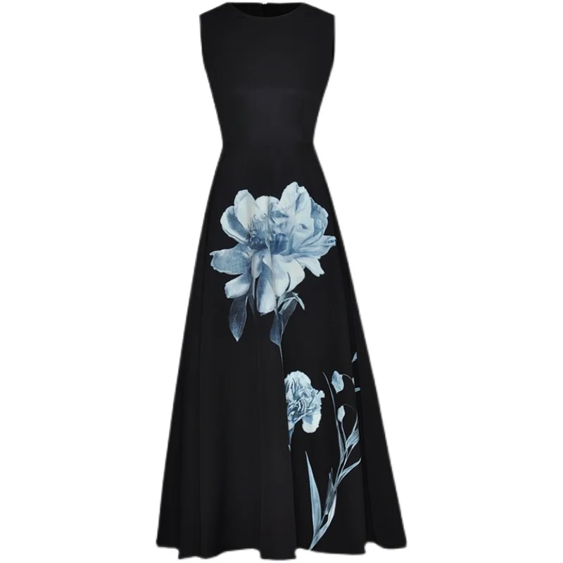 Runway Fashion High Quality Summer New Women'S Party Casual Flower Print Vintage Elegant Vest Slim Black Midi Dress