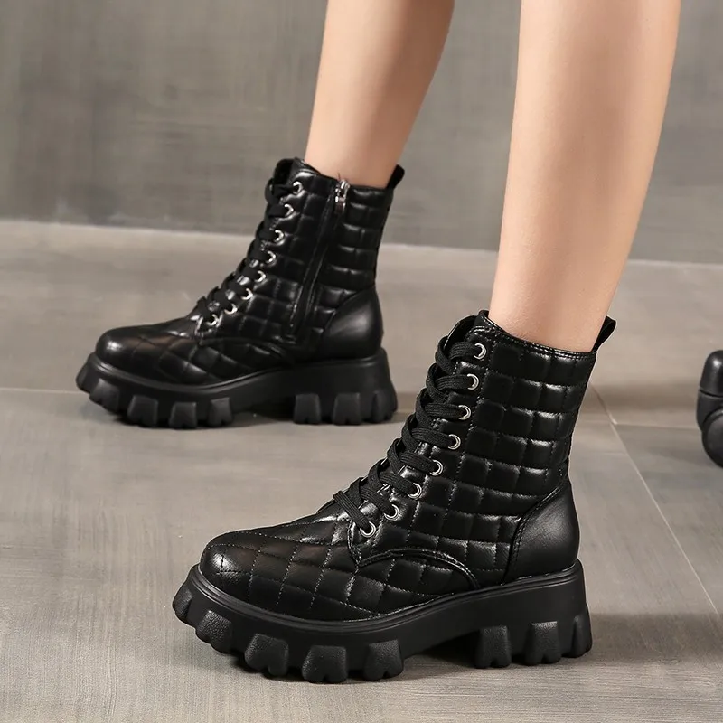 

2021 Autumn New Lace Up Muffin Thick Soled Motorcycle Boots European and American Fashion Ling Grid Thick Heel Short Boots