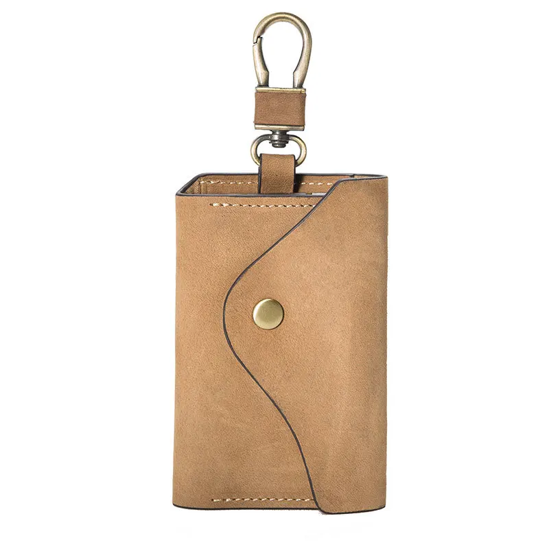 

Retro Crazy Horse Leather Key Bag With Snap Buckle, Multi-function Card Pocket, Square Hook, In Stock