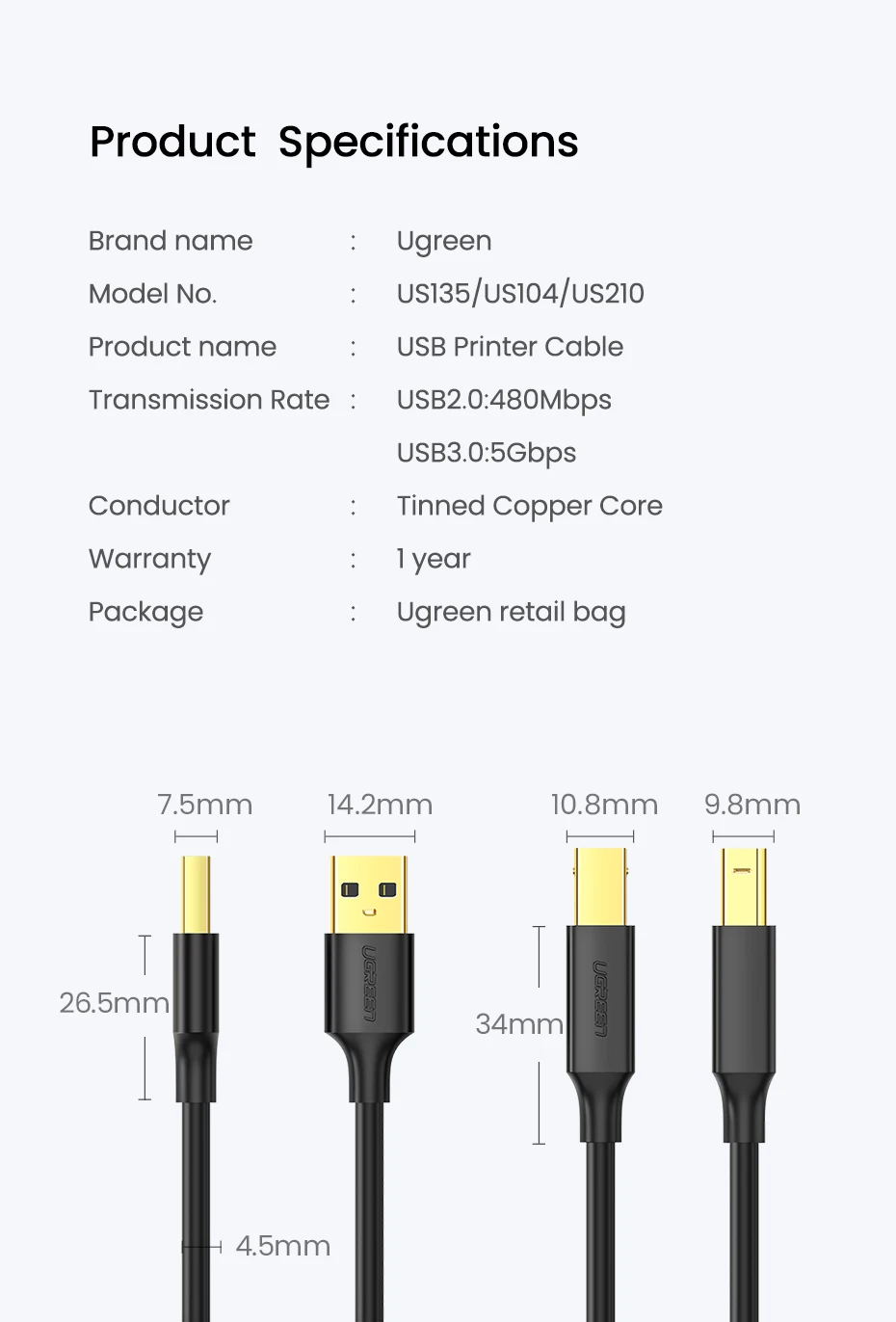 Ugreen USB кабель USB для принтера Тип B папа-папа USB 3,0 2,0 кабель для Canon Epson hp ZJiang принтер этикеток ЦАП USB принтер