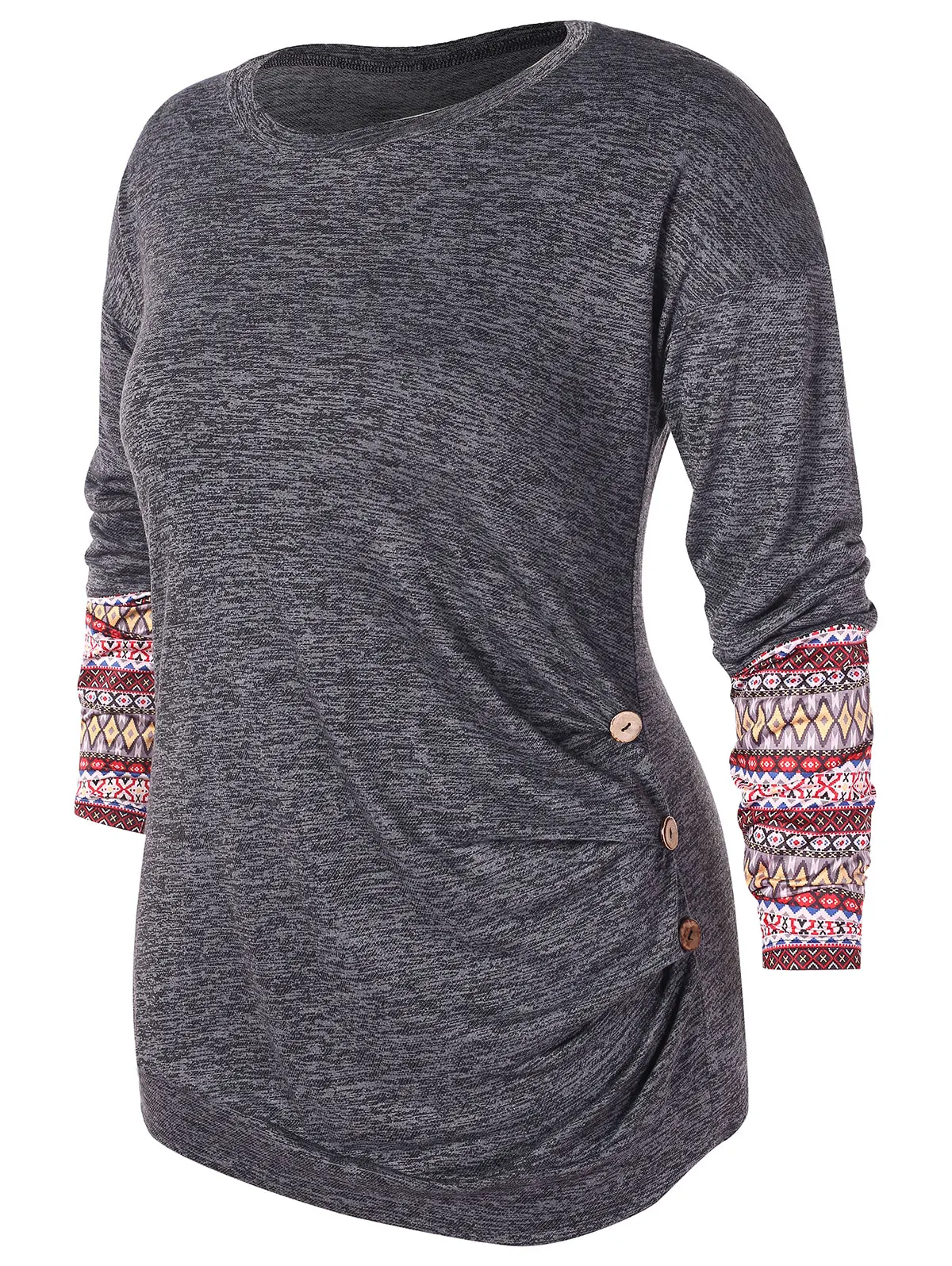 Большие размеры с принтом манжеты серая футболка длинными рукавами круглый