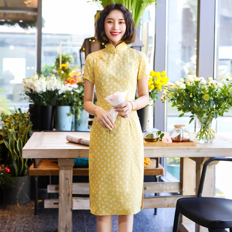 Женское вечернее Платье До Колена Ципао с коротким рукавом и воротником мандарин