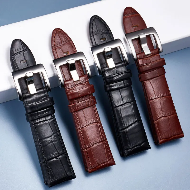 

2021 New Waterproof Crocodile Pattern Cowhide Strap 20MM 22MM Men Genuine Leather Bands Stainless Steel Pin Buckle Watch Band