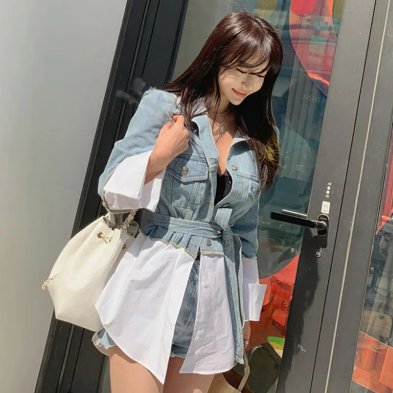 LANMREM 2021 новая Корейская Осенняя и джинсовая рубашка в стиле пэчворк однобортная