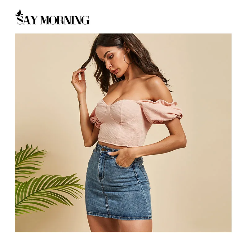 Женский укороченный топ с пышными рукавами SAY MORNING Розовый Повседневный короткий