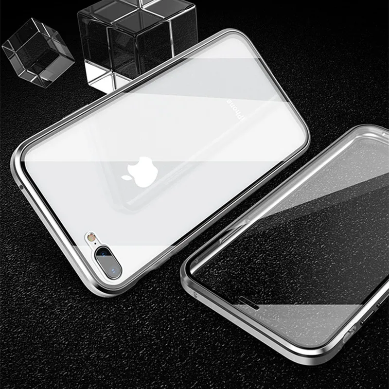 Silver Магнитная Адсорбция металлический чехол для iPhone X 7 8 плюс Двусторонняя закаленное Стекло задний Чехол на магните для iPhone 6 6s X XS Max чехол - Цвет: Silver