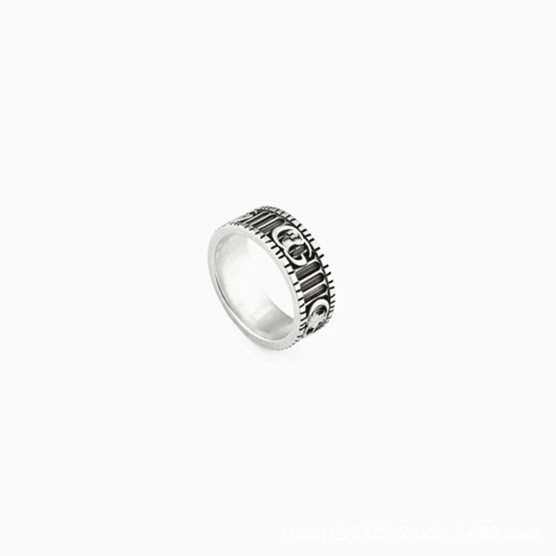 

S925 Sterling Silver Letter ring, retro Silver Stripe carving, hollow out square pair ring for lovers