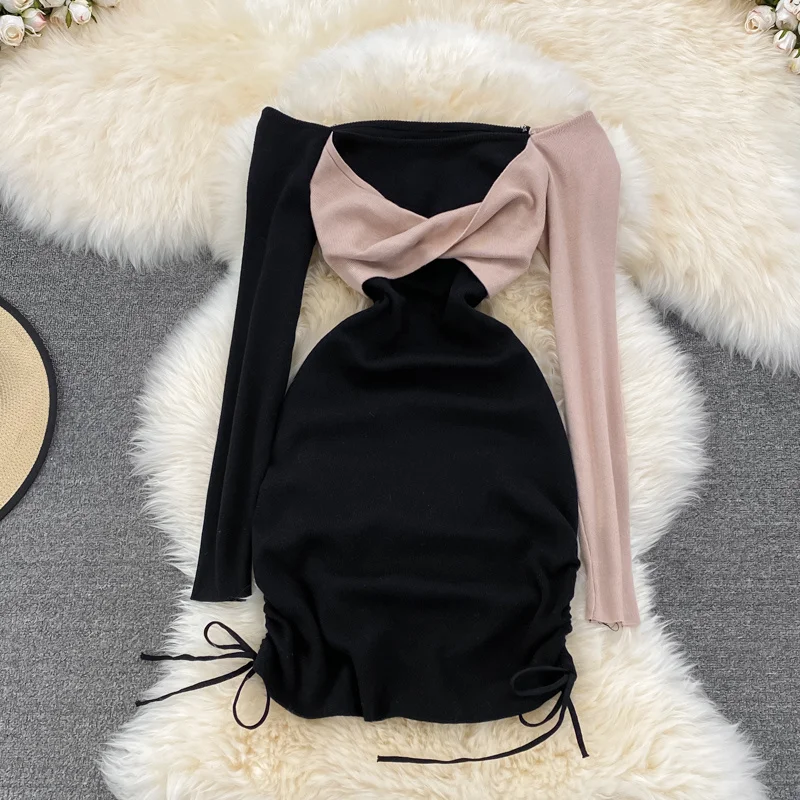 

Sexy Patchwork Slash Neck Off Shoulder Mini Bodyon Dress Women Fashion Spring Autumn Long Sleeve Drawstring Ruched Party Dress