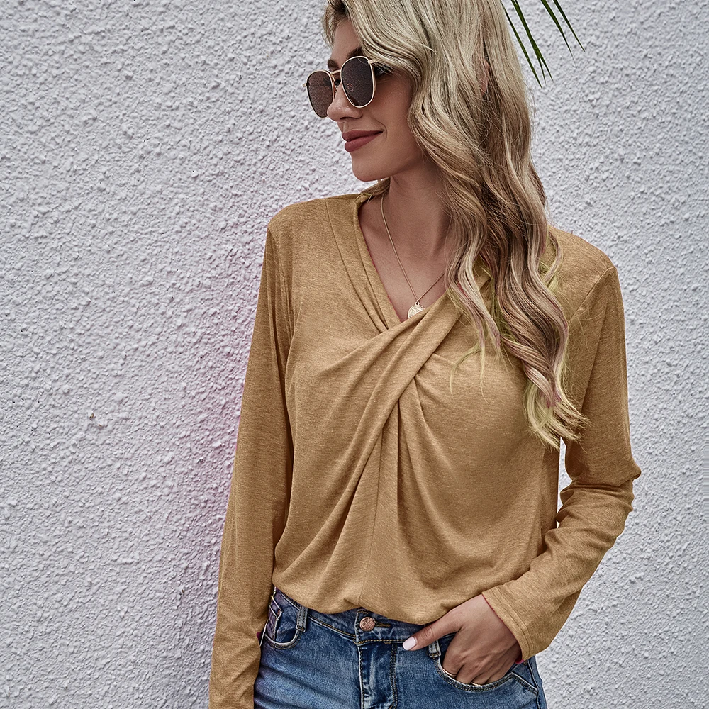 

Women Solid Top V-neck Office Lady T Shirt Oversize Female Tee Loose T-shirt Fold knotted Tops Tee Long Sleeve Tee Shirts