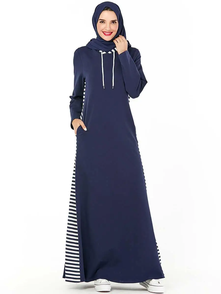 

Fashion Muslim Women Casual Hooded Long Sleeve Sweatshirt Long Dress Abaya Arab Robes Patchwork Autumn Winter Gown Sports New