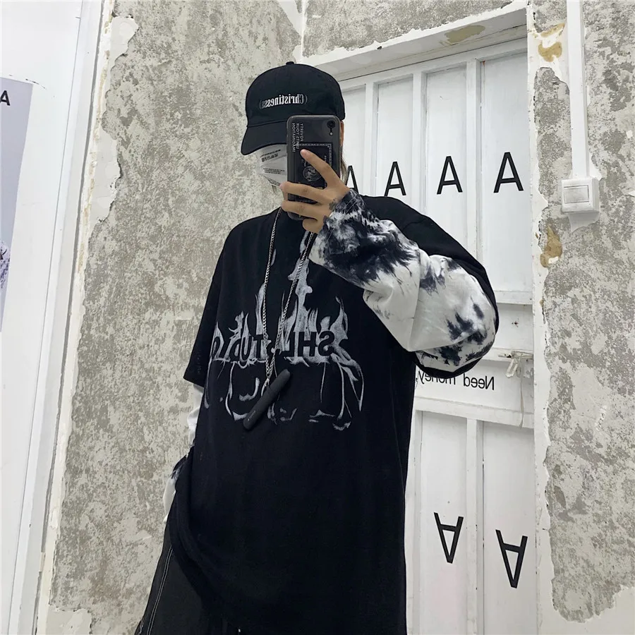 Woherb, Harajuku, футболка из двух частей, женская и Мужская модная уличная одежда, топы с буквенным принтом, повседневные топы с длинным рукавом, футболки - Цвет: Черный
