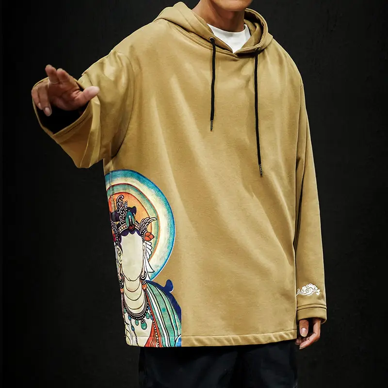 

Мужская повседневная одежда в китайском стиле, Свободный пуловер с принтом и длинным рукавом, хлопковая толстовка, большие размеры, 2020