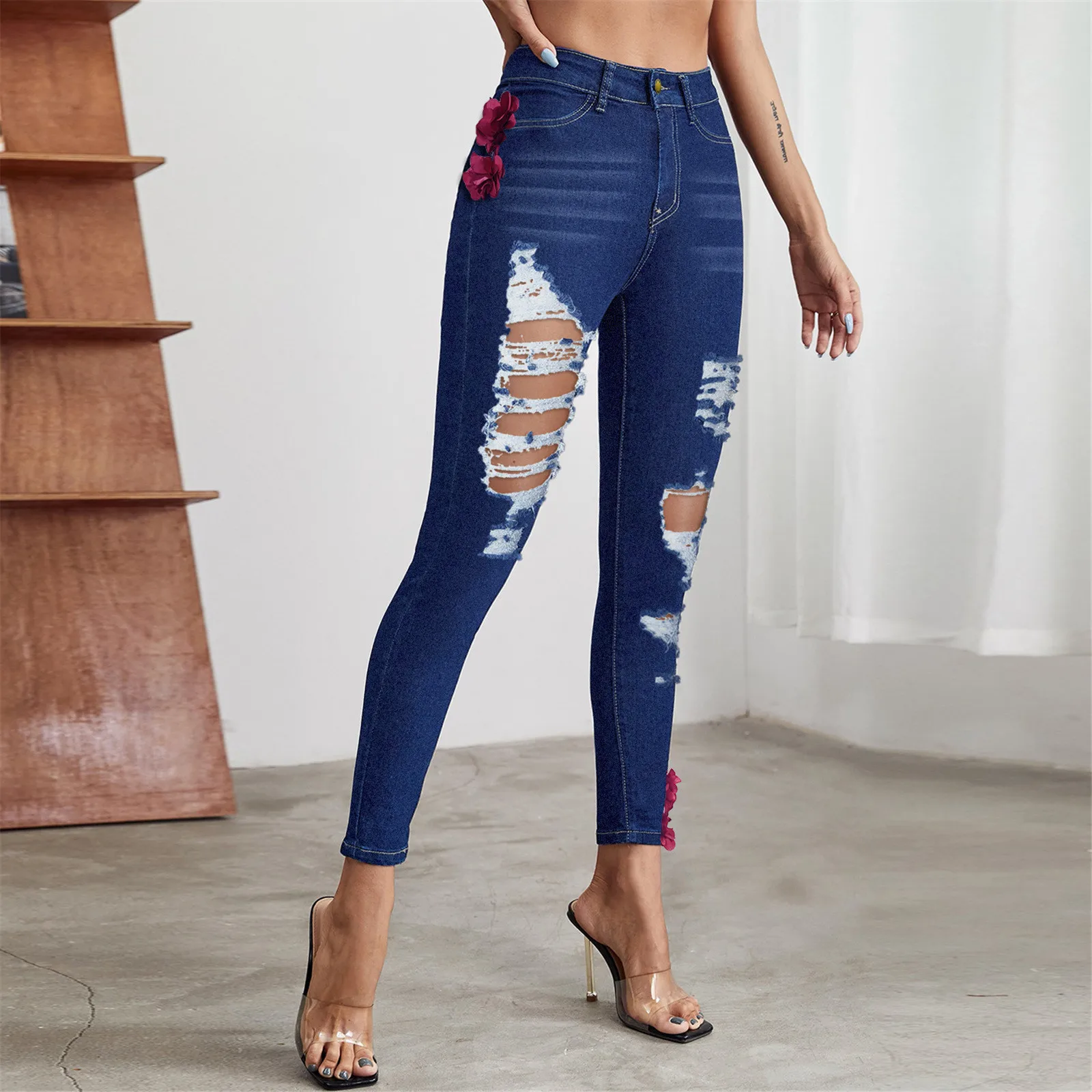 

Корейские модные женские джинсы на пуговицах с высокой талией и карманами, эластичные брюки с дырками, свободные джинсовые брюки, уличная о...