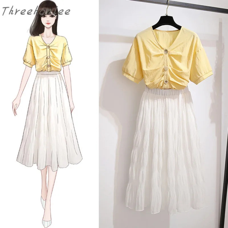 

2021 Spring Summer Two Piece Sets Woman Casual Folds Solid V-neck Shirt And A-line White Skirt Female New Sweet Fashion Suits