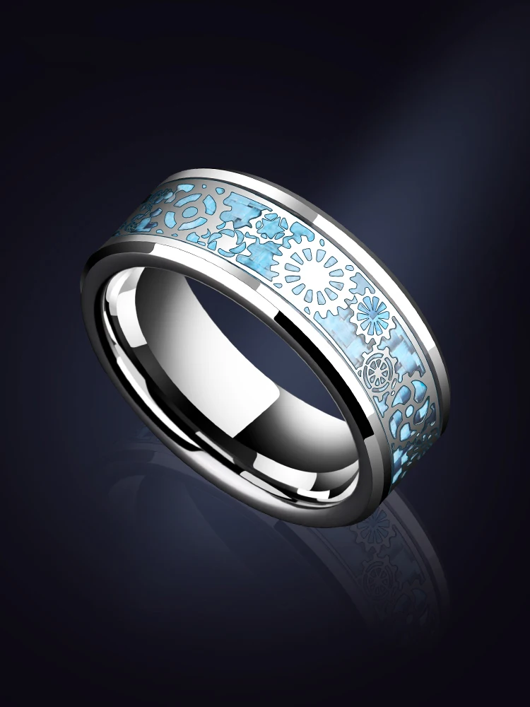Customized Puck Steam Jewelry Tungsten Carbide Rings 8MM Width Inlay Blue Carbon Fiber & Gear Wheels High Polished Comfort Fit