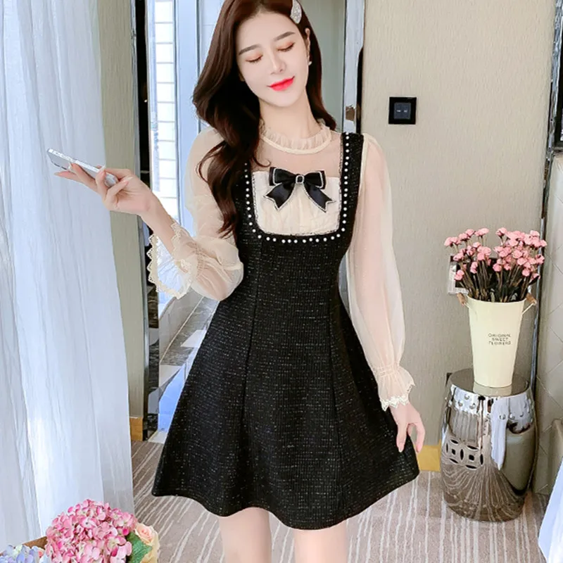 

2023 New Autumn Vintage Sexy See-through Mesh Patchwork Mini Dress Elegant Women Bow Beaded Long Sleeve Party Dresses Vestidos