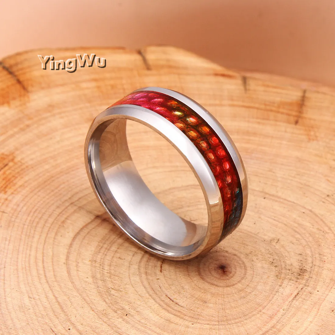 

Yingwu 2019 Titanium Steel Silver Rings Fashion Red Blue mix color fish scale Ring Masculino Mens Cool Jewelry 10pcs Lot
