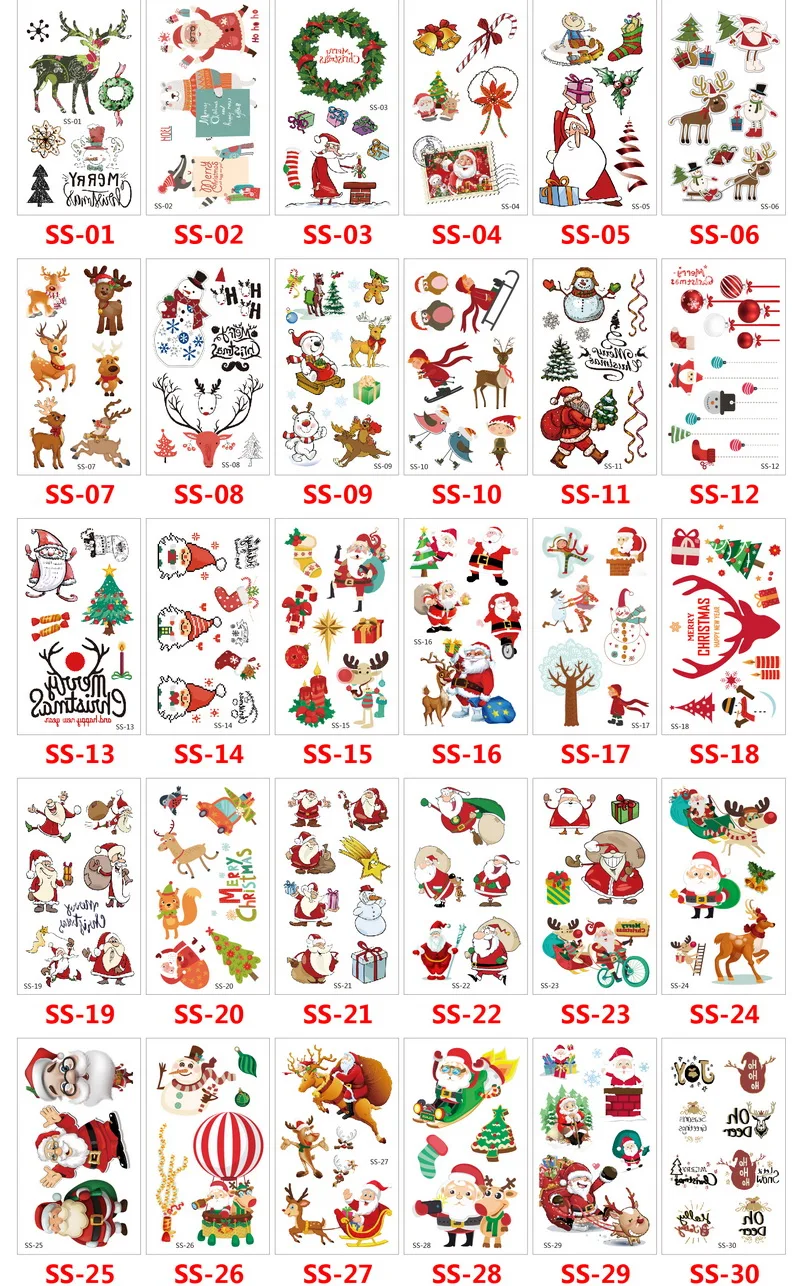 30pcs/lot Christmas Decorations Tattoo Stickers Children Party Gift Temporary Tattoo Santa Tattoo set Kids White Snow Fake Tatoo