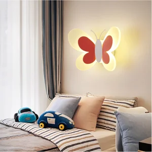 European style modern cartoon lovely blue pink butterfly wall lamp creative wall hanging LED lamp children's bedroom kindergarte