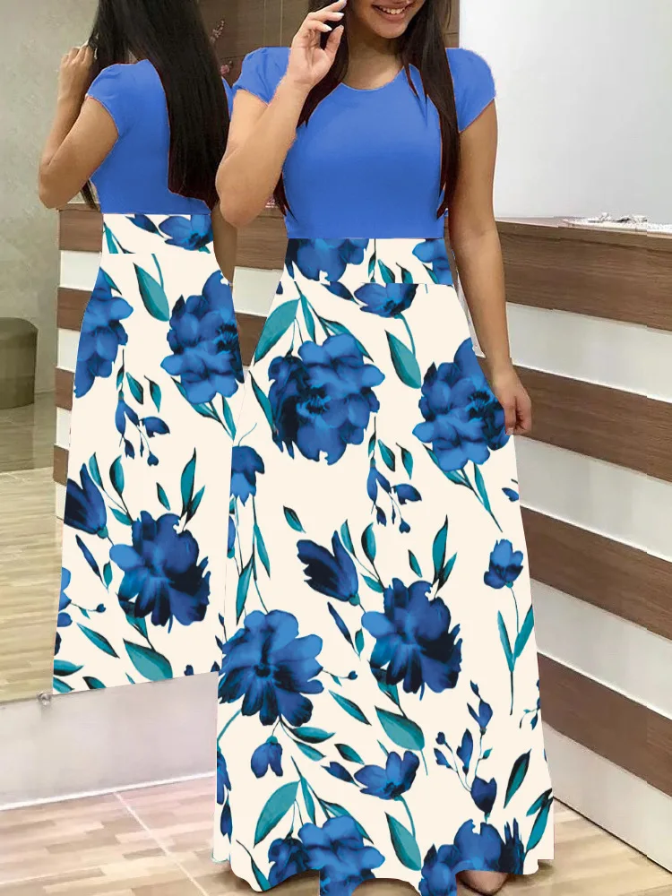 pure Blue short Весна-Осень, женское платье, Повседневная Туника с длинным рукавом и круглым вырезом, платья в стиле пэчворк, модное винтажное платье макси с принтом, Vestidos - Цвет: pure Blue short