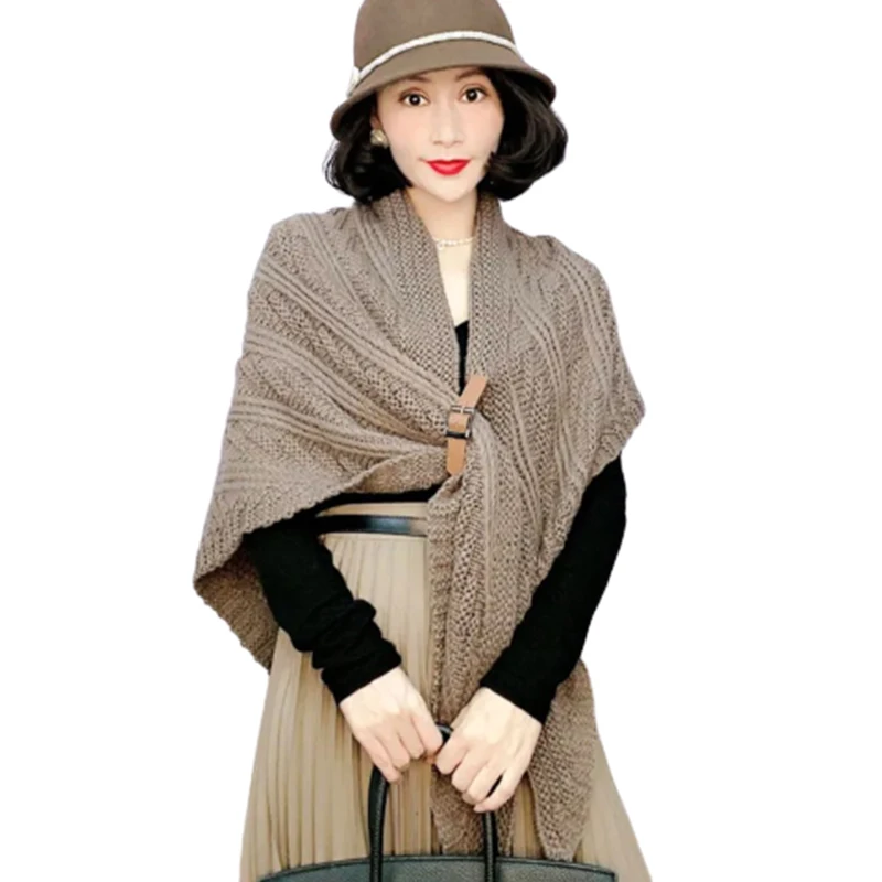 

Autumn Twist Knitted Shawl Women Casual Belt Buckle Triangular Scarf Fashion Solid Multiple Tie Wear Method Female Knit Scarves