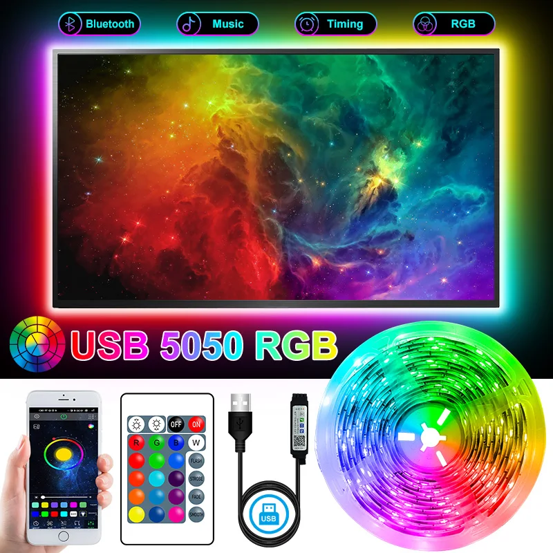 

5050 Светодиодные ленты светильник RGB USB 5V SMD 5050 Гибкая лампа лента Bluetooth ИК-пульт дистанционного управления Управление ТВ Подсветка светильни...