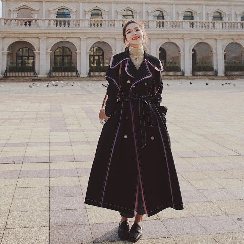 

FAKUNTN Spring Autumn Women's Windbreaker Lapel Plus Long Double Breasted Splicing Design Sense Ladies Cloak Fashion Trench Coat