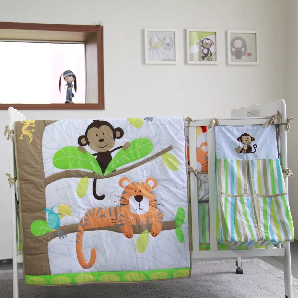 8pcs Baby Bedding Set for Boys Green Jungle Monkey -comforter crib sheet skirt bumpers and nappy stacker 2020 New design | Мать и ребенок