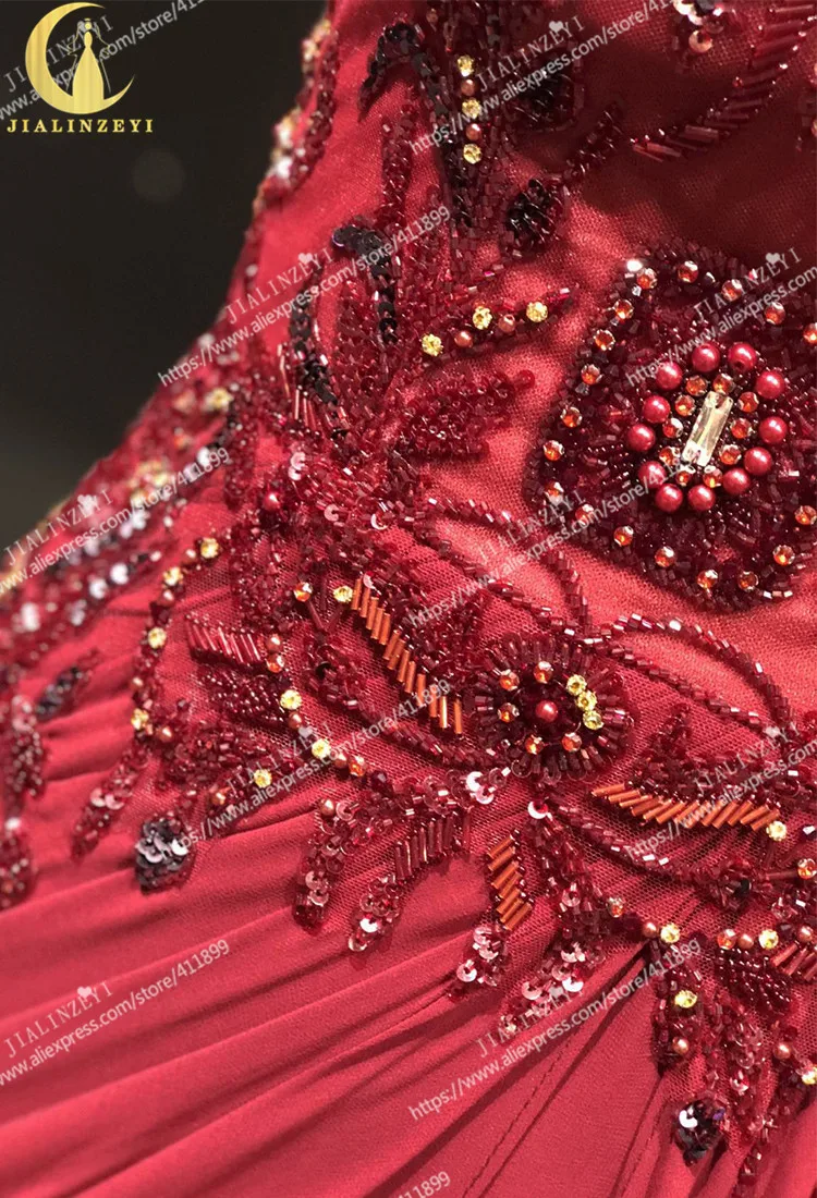 Rhine real Pictures Straplesss Wine Red beaded Crystal Chiffon Formal dresses Fashion dress Evening dresses