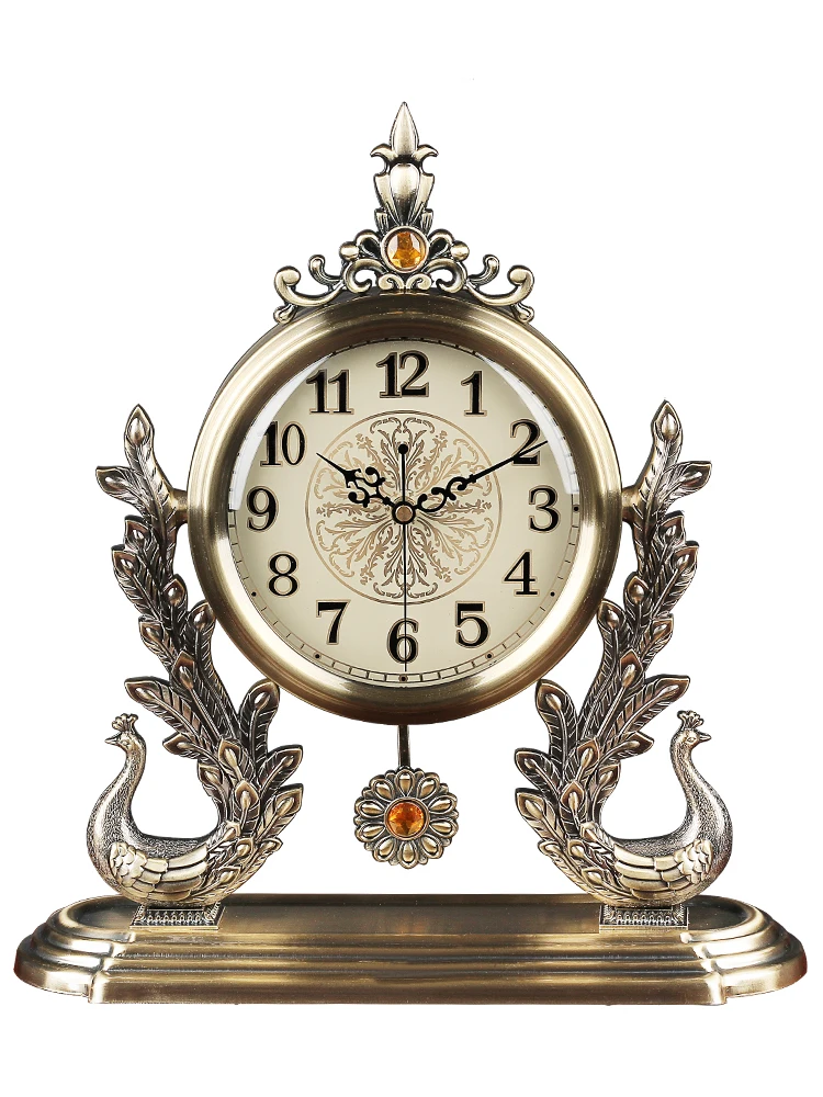 

European Luxury Metal Clock Quiet Desk Clock In living Room Household American Style Peacock Decorated Pendulum Clock