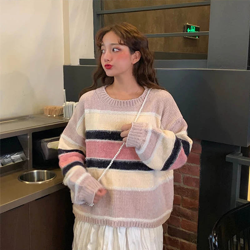 

Paris Girl Loose Stripe Casual Women Sweater Autumn Winter Female Knitted Pullovers Long Sleeve Jumper Pull Femme Clothing