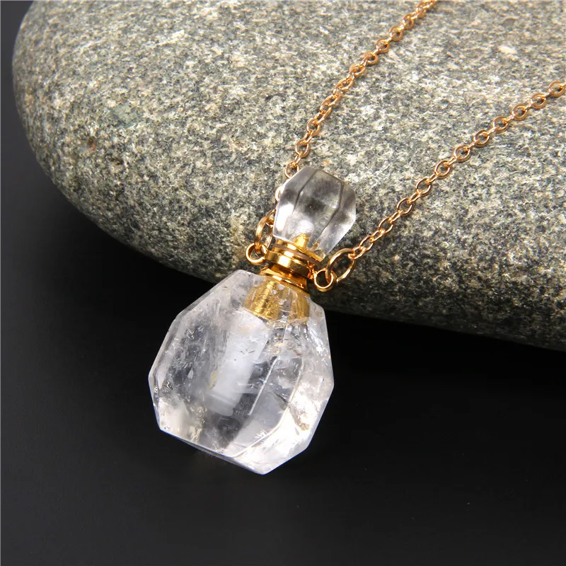 

Women Daily Use Natural Crystal Stone Heart Perfume Bottle Pendant Necklace Violet Pink Green Brown Color Metal Chain Necklace