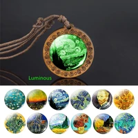 glow in the dark van gogh art oil paintings necklace art glass cabochon jewelry starry night sky pendant necklace creative gift