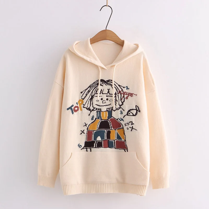

Autumn Winter Cartoon Mathematical Girls Printed Hooded Pullovers Women Long Sleeved Pocket Female Mori Girl Sweater Z117
