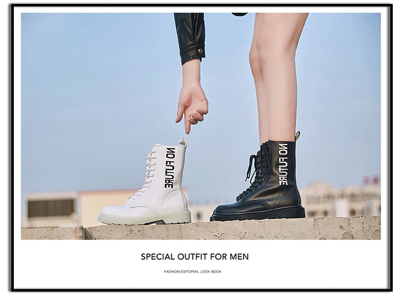 Женские повседневные Ботинки martin до середины икры с буквенным принтом; женские белые сапоги из натуральной кожи с высоким берцем; нескользящие уличные ботинки на платформе