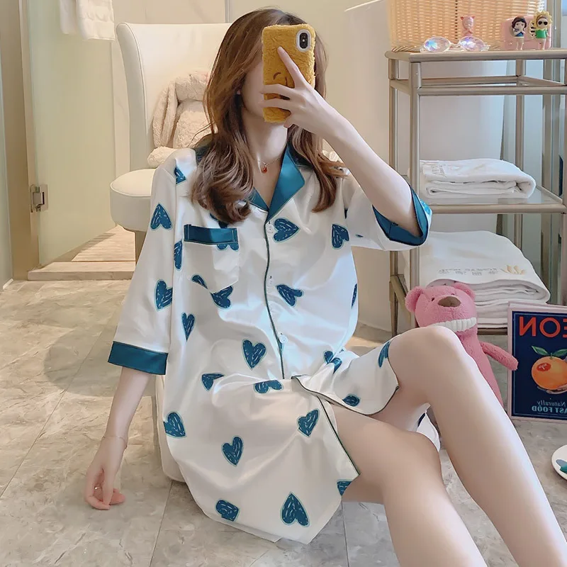 

Heart Leopard Watermelon Pineapple Pajamas Women Pajama Short Set Womens Nightshirts Short Sleeve Pajama Set Satin Nightdress