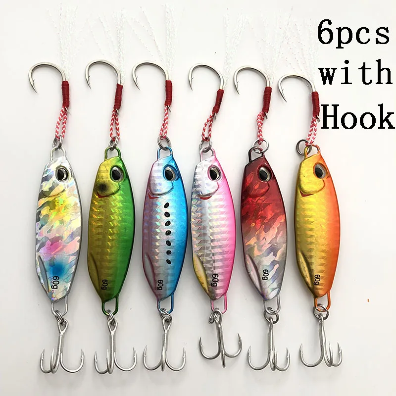 6pcs with hook1 6 шт./лот, 10, 15 г, 20 г, 30 г, 40 г, 60 г, ложка, металлический джиг, тройной крючок, искусственная приманка, свинцовая, морская, для ловли на окуня, для рыбалки на суше, приманка для джигинга - Цвет: 6pcs with hook1