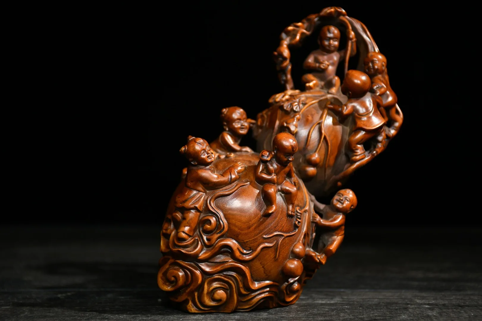 

7" China Lucky Seikos Boxwood Five blessed gourd statue Seven boys playing Stand gourd Town House Ward off evil spirits