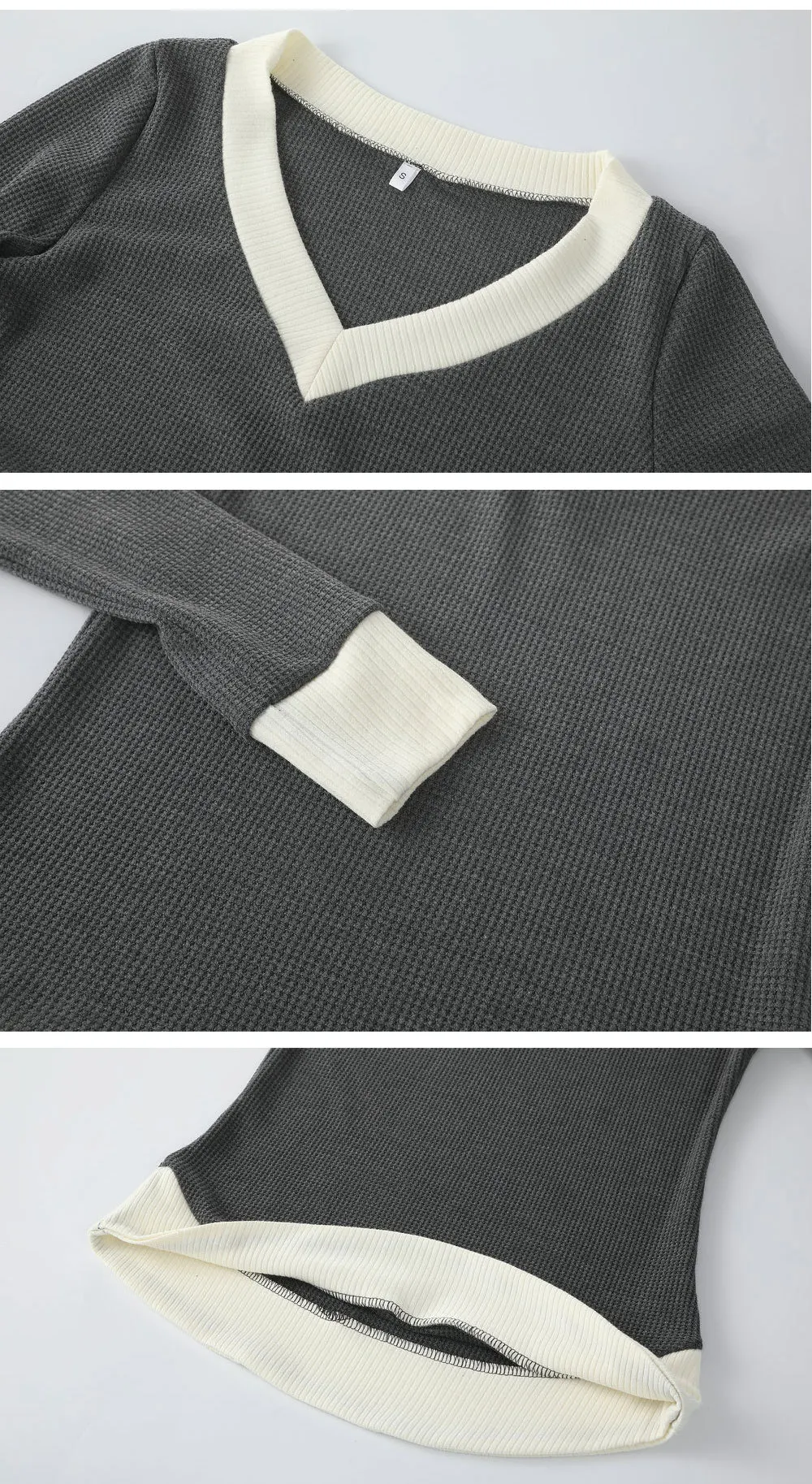 

Women V-neck Sick Top, Long Sleeve Contrast Color Shirt