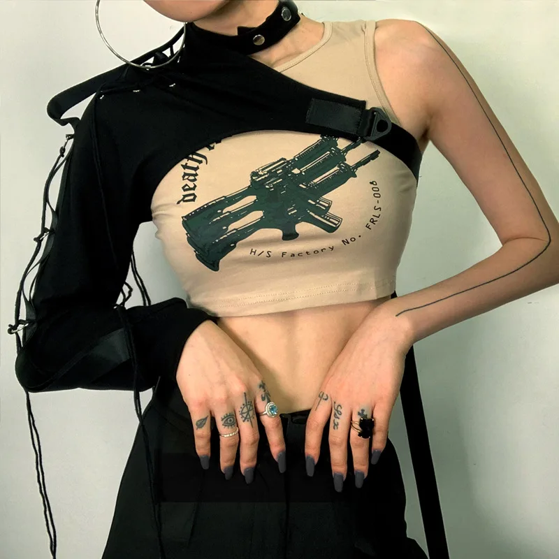 Топ женский в готическом стиле жилет с одним рукавом и ремнем для танцев хип-хоп