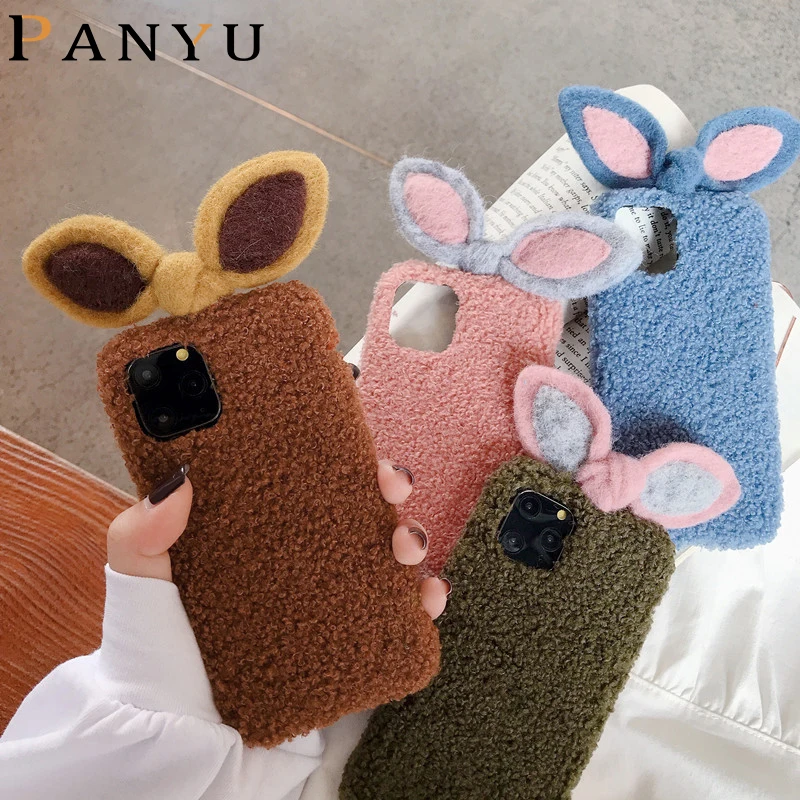 

3D Cartoon Rabbit Ear Fluffy Plush Hairy Phone Case For iPhone 11 12 Pro MAX XR X XS Max 7 8 Plus Soft Furry Shockproof Cover