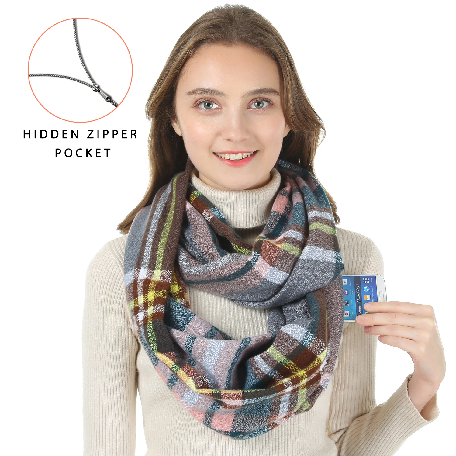 Женский синий клетчатый зимний шарф с карманом имитация кашемира теплый