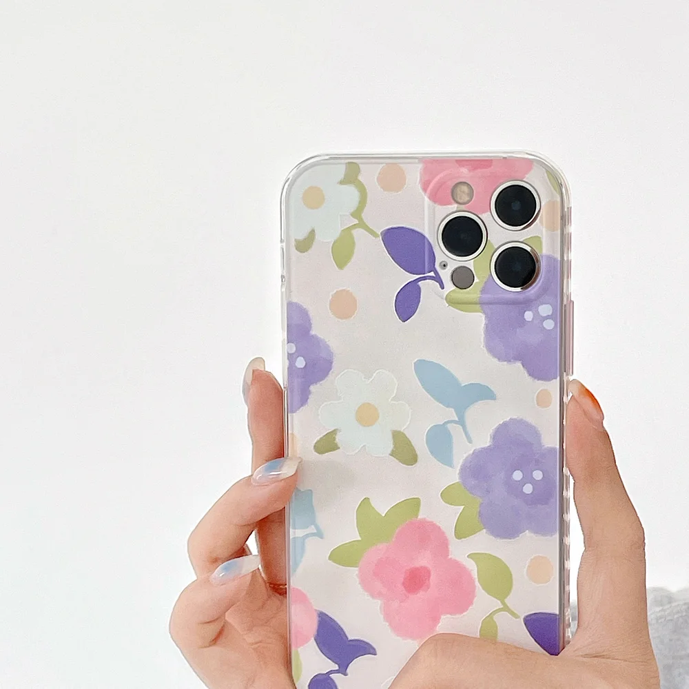 

Fashion Watercolor Flowers Pattern Phone Case for iPhone 12 11 Pro Max 7 8 Plus X XR XS Max Love Heart Side Soft Silicone Cover