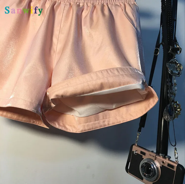 

Spring High Waist Shorts Women Casual Streetwear Bright Silk Mini Shorts Poket Sexy Wide Leg Shorts Summer